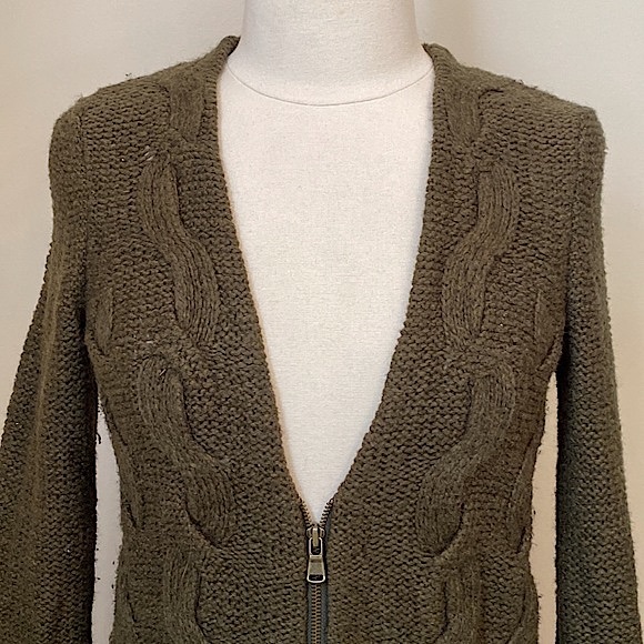 LOFT Olive Green Cable Knit Wool Blend Front Zip Cardigan Sweater Size Small - Picture 2 of 8